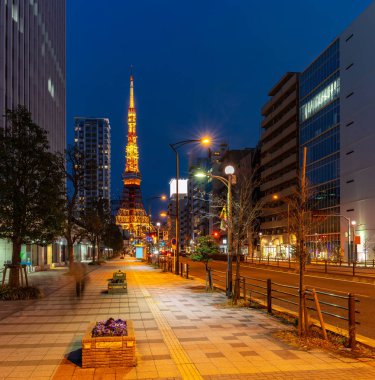 Tokyo Tower Tokyo siluetinin city scape monato koğuş ile alacakaranlıkta. Tokyo Tower ünlü Simgesel Yapı yüksekliği 332.9, Japonya'nın ikinci en yüksek kulenin metredir.