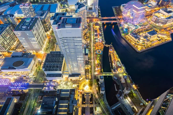 Vista Aérea Cidade Moderna Panorâmica Cidade Yokohama Japão Com Hora — Fotografia de Stock