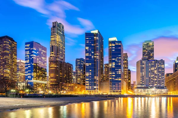 Zachód Słońca Chicago Skylines Budynku Chicago Downtown Wzdłuż Lake Michigan — Zdjęcie stockowe