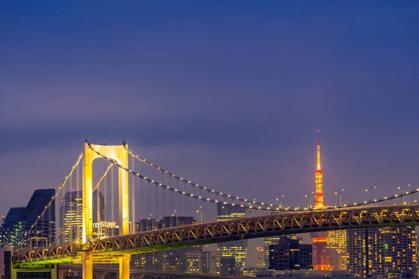 Tokyo Solnedgång Tokyo Tower Och Rainbow Bridge Med Tokyo Stadsbild — Stockfoto