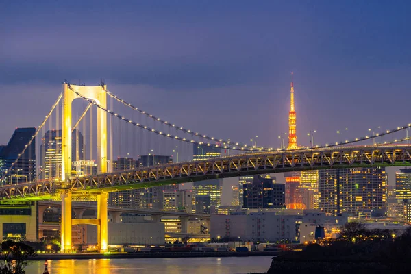 Pôr Sol Tóquio Com Torre Tóquio Ponte Arco Íris Com — Fotografia de Stock