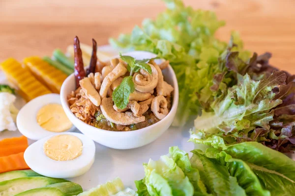 Nam Phrik Pasta Chile Orgánico Berenjena Tailandesa Con Variedad Vegetal — Foto de Stock