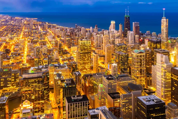 Vista Aérea Pôr Sol Edifício Chicago Skylines Lago Michigan Centro — Fotografia de Stock