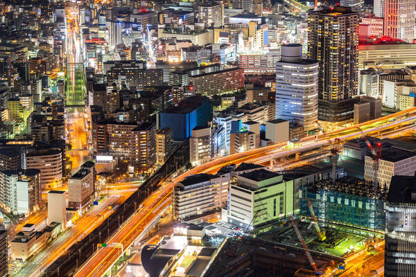 Aerial view street light illumination in Yokohama City Japan. Yokohama is the second largest city in Japan by population.