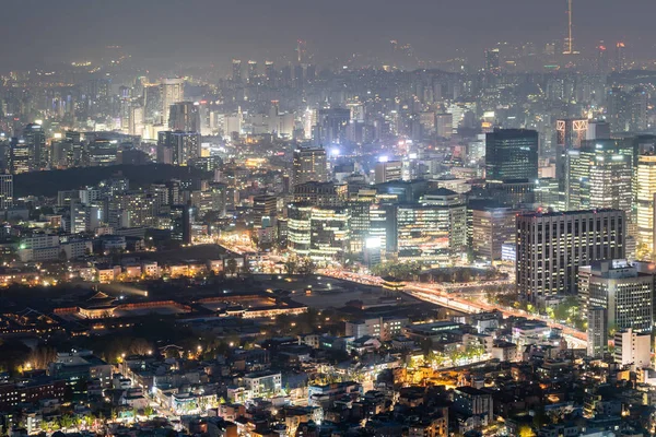 Aerial Sunset Night View Seoul Downtown Cityscape Seoul Tower South — Stock Photo, Image