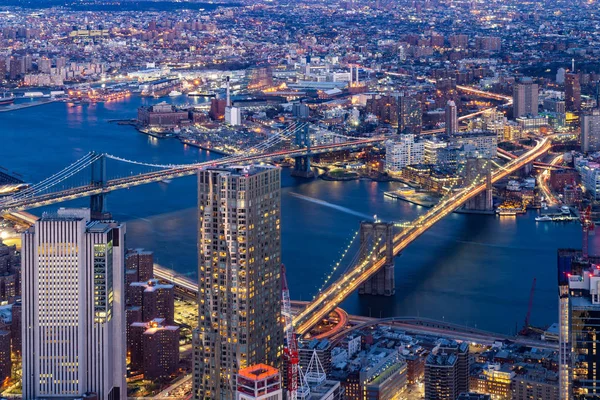 Вид Воздуха Бруклинский Мост Манхэттенский Мост Небоскребами Нижнего Манхэттена Нью — стоковое фото