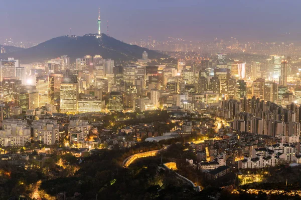 Aerial Sunset Night View Seoul Downtown Cityscape Seoul Tower South — Stock Photo, Image