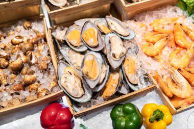 Buz büfesi barda çeşitli deniz ürünleri