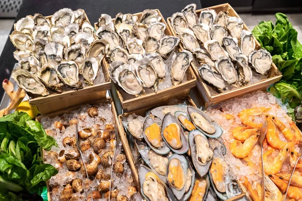 Buz büfesi barda çeşitli deniz ürünleri