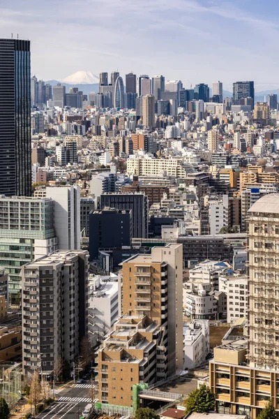 東京都新宿区に東京のスカイラインおよび高層ビル建物と山富士 東京文京シビック センター展望台空デスクから撮影 — ストック写真