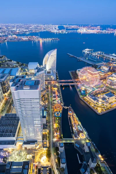 Vista Aérea Ciudad Moderna Panorámica Ciudad Yokohama Japón Con Hora —  Fotos de Stock