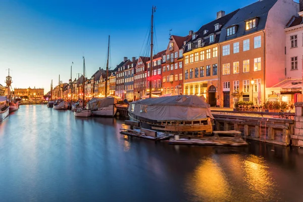 Копенгаген Nyhavn Новый Порт Копенгагена Ночью Дании — стоковое фото