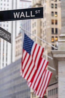 New York Menkul Kıymetler Borsası arka plan New York City, New York, Abd ile Wall street işareti.