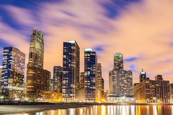 Coucher Soleil Chicago Skylines Bâtiment Centre Ville Chicago Long Lac — Photo