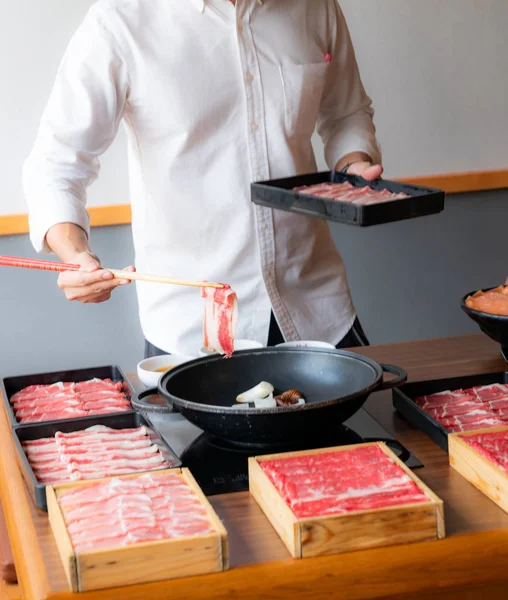 Matlagning Japansk Wagyu Nötkött Sukiyaki Set — Stockfoto