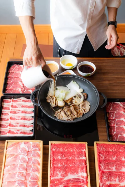 Vaření Japonského Wagyu Hovězího Sukiyaki Set — Stock fotografie