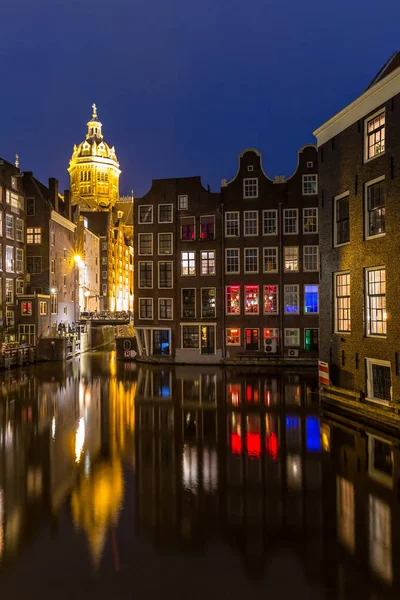 Amsterdam Canals Saint Nicholas Church Dusk Netherlands — Stock Photo, Image