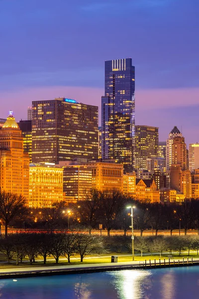 Chicago Baixa Cityscape Skylines Arranha Céus Edifício Escritórios Com Pôr — Fotografia de Stock