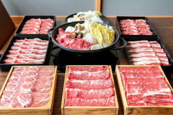 Japanese Wagyu Beef Kurobuta Pork Sukiyaki Set Ready Cook — Stock Photo, Image