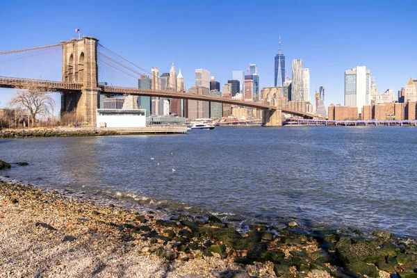 Brooklyn Bridge Met Lower Manhattan Wolkenkrabbers Gebouw Van Brooklyn New — Stockfoto