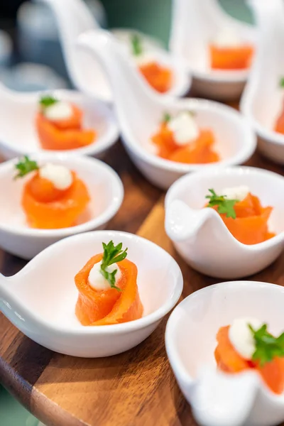Smoked Salmon Cheese Tapas Served White Spoon Appetizers Cocktail Cuisine — Stock Photo, Image
