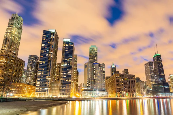 Coucher Soleil Chicago Skylines Bâtiment Centre Ville Chicago Long Lac — Photo