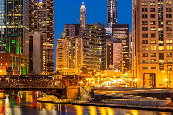 Stadt Chicago Innenstadt Und Chicago River Sonnenuntergang Nacht Chicago Illinois — Stockfoto