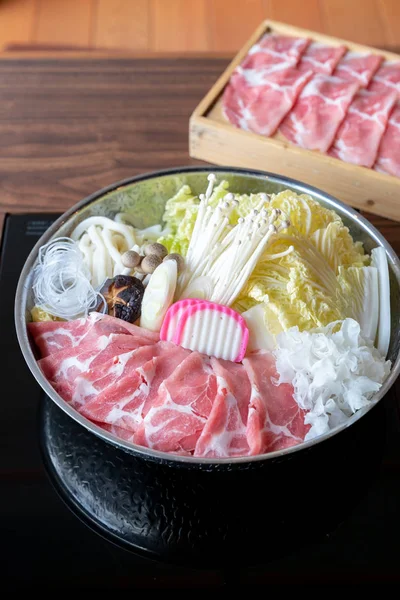 Japanisches Kurobuta Schweinefleisch Sukiyaki Bereit Zum Kochen — Stockfoto