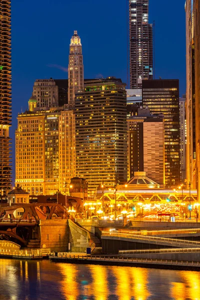 Chicago City Şehir Merkezinde Chicago River Gün Batımı Gecesi Chicago — Stok fotoğraf