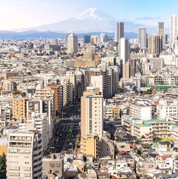 富士山を背景にした東京都新宿区の東京のスカイラインや高層ビルの空中写真 — ストック写真