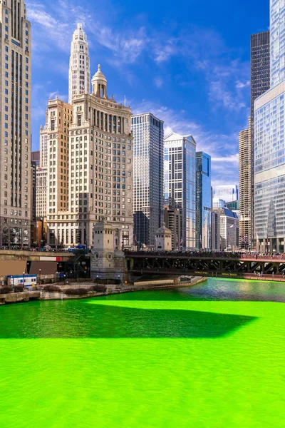 Chicago Skylines Building Green Dyeing River Chicago River Patrick Day — стокове фото