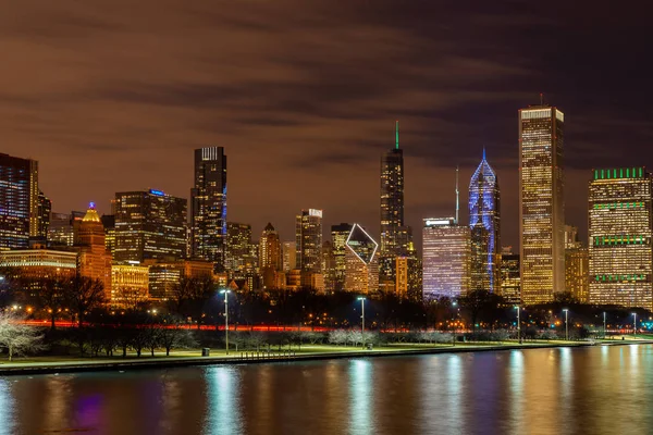 Chicago Baixa Cityscape Skylines Arranha Céus Edifício Escritórios Com Pôr — Fotografia de Stock