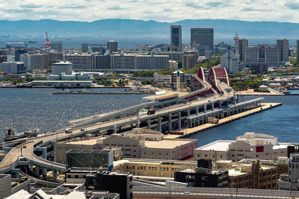 Vista Aérea Del Paisaje Urbano Kobe Puente Rojo Zona Portuaria — Foto de Stock