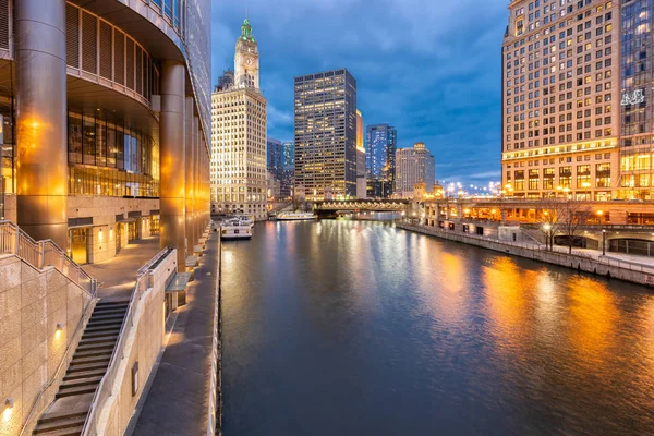 City Chicago Downtown Chicago River Sunset Night Chicago Illinois Usa — Stock Photo, Image
