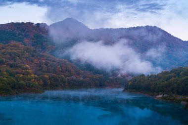Akita Tohoku Japonya'da Tamagawa Barajı Sonbahar Sonbahar Gölü ve Orman ile Sabah Sis