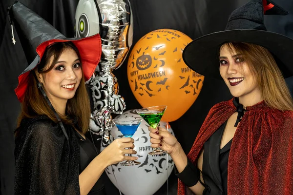 Two Young Adult Teenager Girls Celebrating Halloween Party Carnival Festival — Stock Photo, Image