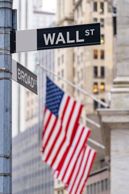 Wall street sign with New York Stock Exchange background New York City, New York, USA. clipart
