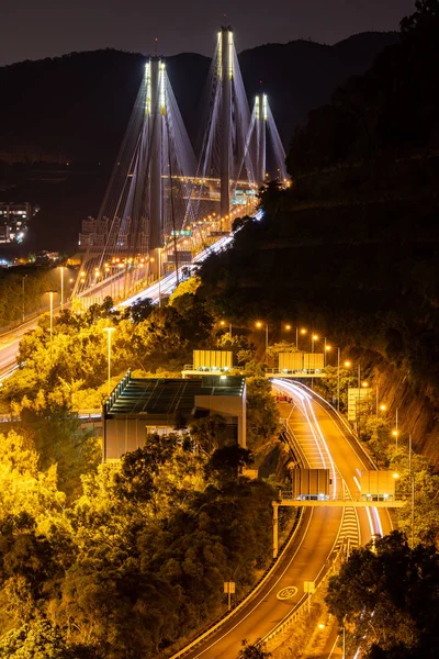 Puesta Sol Iluminación Luz Del Puente Colgante Tsing Puente Referencia —  Fotos de Stock