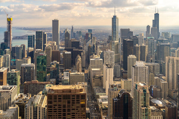 Sunset Aerial view of Chicago Skylines building at Chicago downtown in Chicago City Illinois USA. Looking to the south of Chicago.