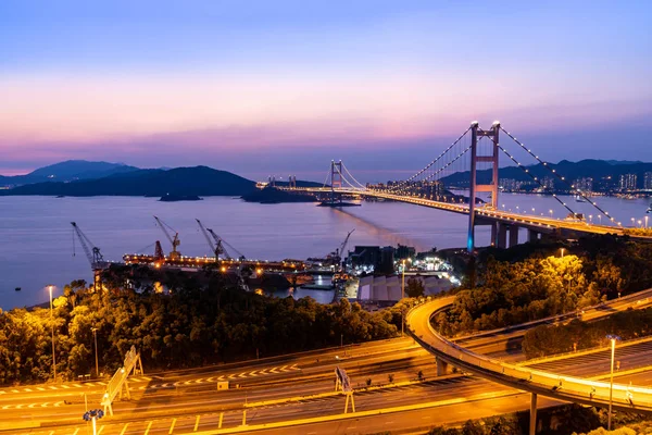 Zachód Słońca Światło Oświetlenie Tsing Most Przełomowy Most Wiszący Tsing — Zdjęcie stockowe
