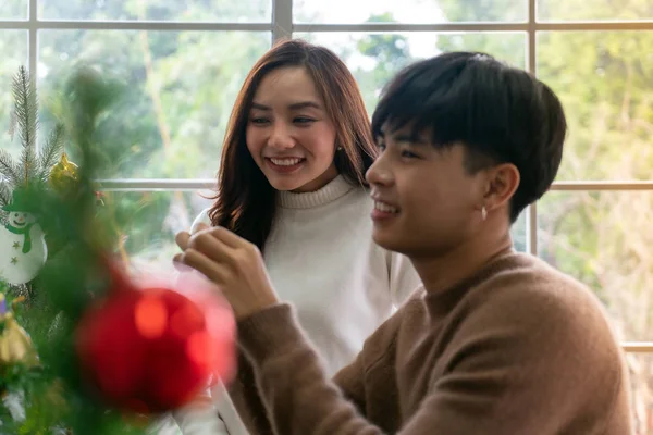若い十代のアジアのカップルが一緒にクリスマスパーティーの休日のために準備クリスマスツリーを飾る — ストック写真