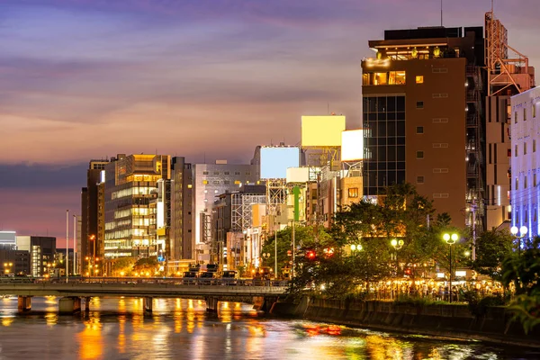 Oude Binnenstad Van Fukuoka Langs Rivier Naka Nakasukawabata Sunset Twilight — Stockfoto