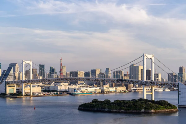 白天从日本东京市东田坝到东京湾的彩虹桥和东京塔在东京湾的鸟瞰图 — 图库照片
