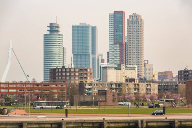 Şehir manzarası ve güzel Donwtown şehri Rotterdam Hollanda. Ulaşım tarihi turizm kavramı.