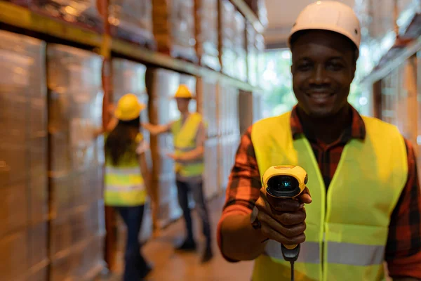 Close African Black Woman Warehouse Worker Hold Hand Scanner Check — Stock Photo, Image