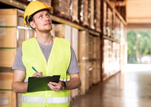 Portrait White Caucasian Warehouse Worker Stand Archboard Pen Inventory Checking — Stock Photo, Image