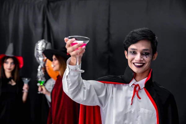 Portrait Asian Young Adult Teenage Man Wear Halloween Costume Cloth — Stock Photo, Image