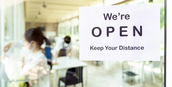 Panoramic Reopening Restaurant Signage Social Distance New Normal Restaurant Background — Stock Photo, Image