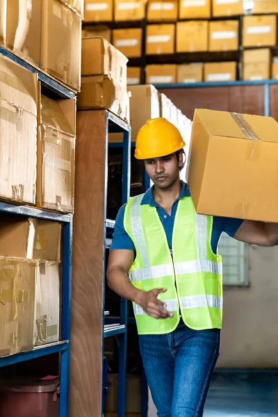 Portrait Indian Asian Warehouse Worker Hold Cardboard Box Packaging His — Stock Photo, Image