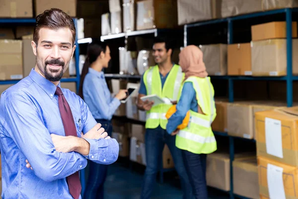 Portrait White Caucasian Warehouse Owner Crossed Arm His Worker Meeting — Stock Photo, Image